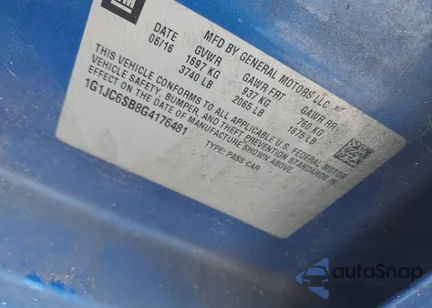 2016 Chevrolet Sonic Lt Auto z USA, uszkodzony, nr VIN 1G1JC6SB8G4176481